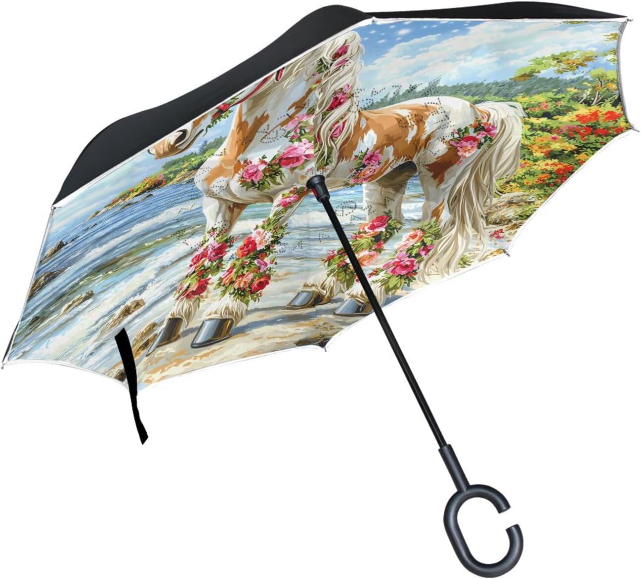 Horse Flower Inverted Umbrellas for Rain Windproof Reverse Upside Down Golf Umbrella with C-shape Handle for Men Women