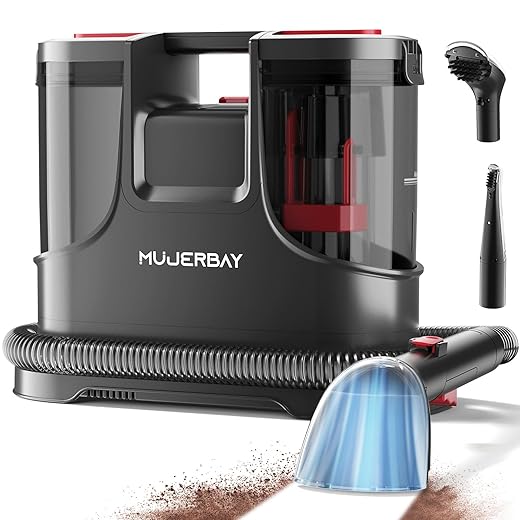 Carpet Cleaner, MUJERBAY UltraClean Portable Spot and Stain Cleaner, Easy Move with Handle, 1.5-inch Deep Cleaning Machine for Couch, Stairs, Car and Pet Messes. Red