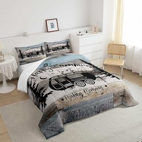 Miniatura 4 de Edredón de estilo rústico de 3 piezas, relleno de edredón de campamento feliz para niños, niños, adolescentes, camper, ropa de cama de campista,