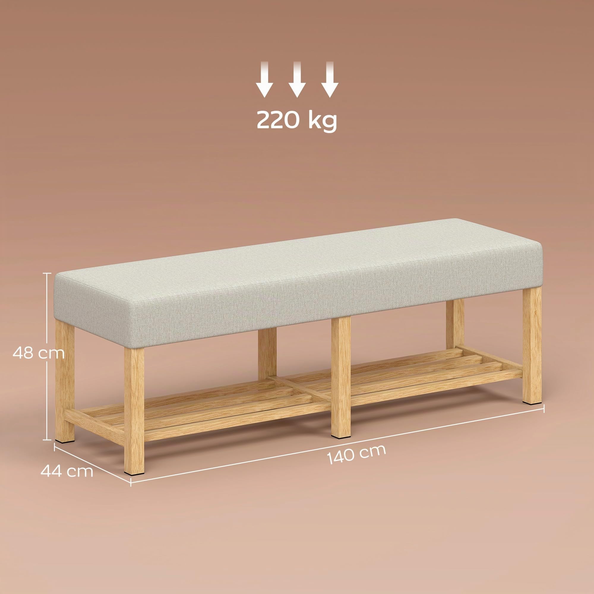 HOMCOM Banco Zapatero Banco Recibidor 140x44x48 cm Crema y Madera Natural | Asiento Acolchado para 2 Personas, Estante Abierto, Marco de Madera, para Entrada Pasillo Salón