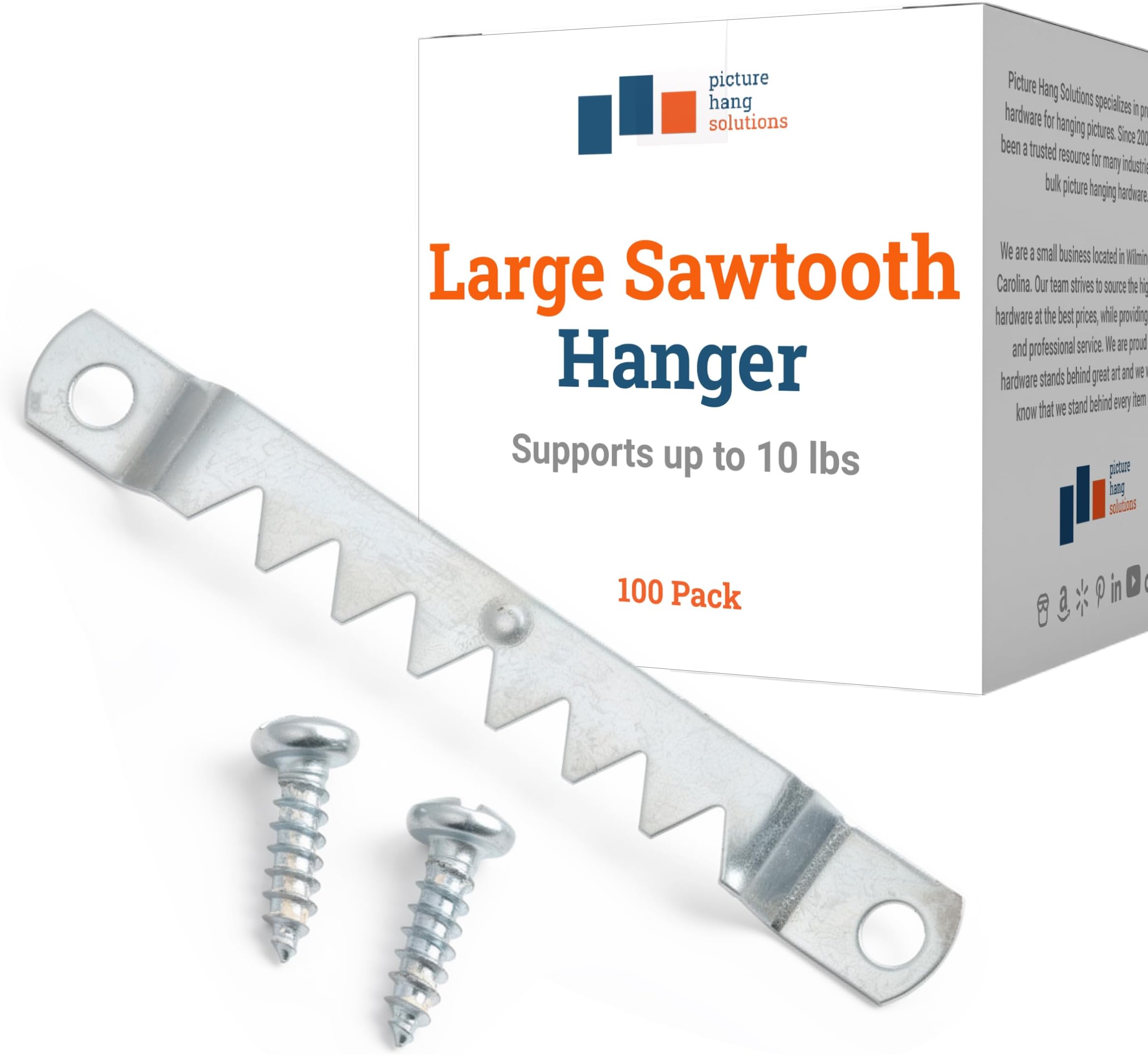 PHS Large Sawtooth Picture Hangers for Frames - 100 Pack Frame Hanging Hardware with Screws - Supports up to 10 lbs - Canvas Hangers for Walls - Picture Frame Hanger for Hanging Artwork