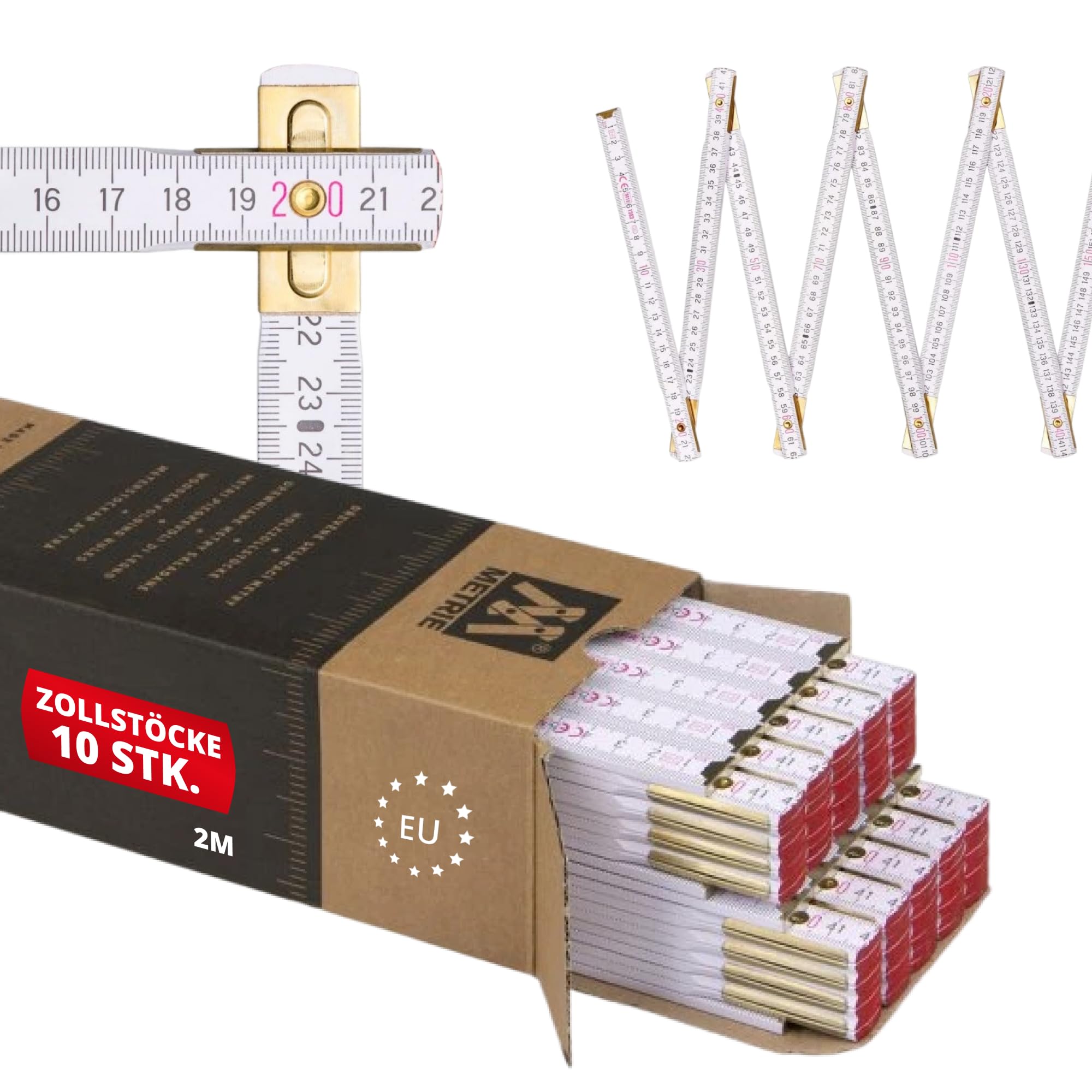 Metrie™ Zollstöcke Perfekt 10 – Gliedermaßstäbe 2m | Weiß | Lackiertes Holz, Stahlgelenke – Duplex Teilung, Hergestellt in der EU | Robuste & Präzise Holz-Gliedermaßstäbe | 10 Stück