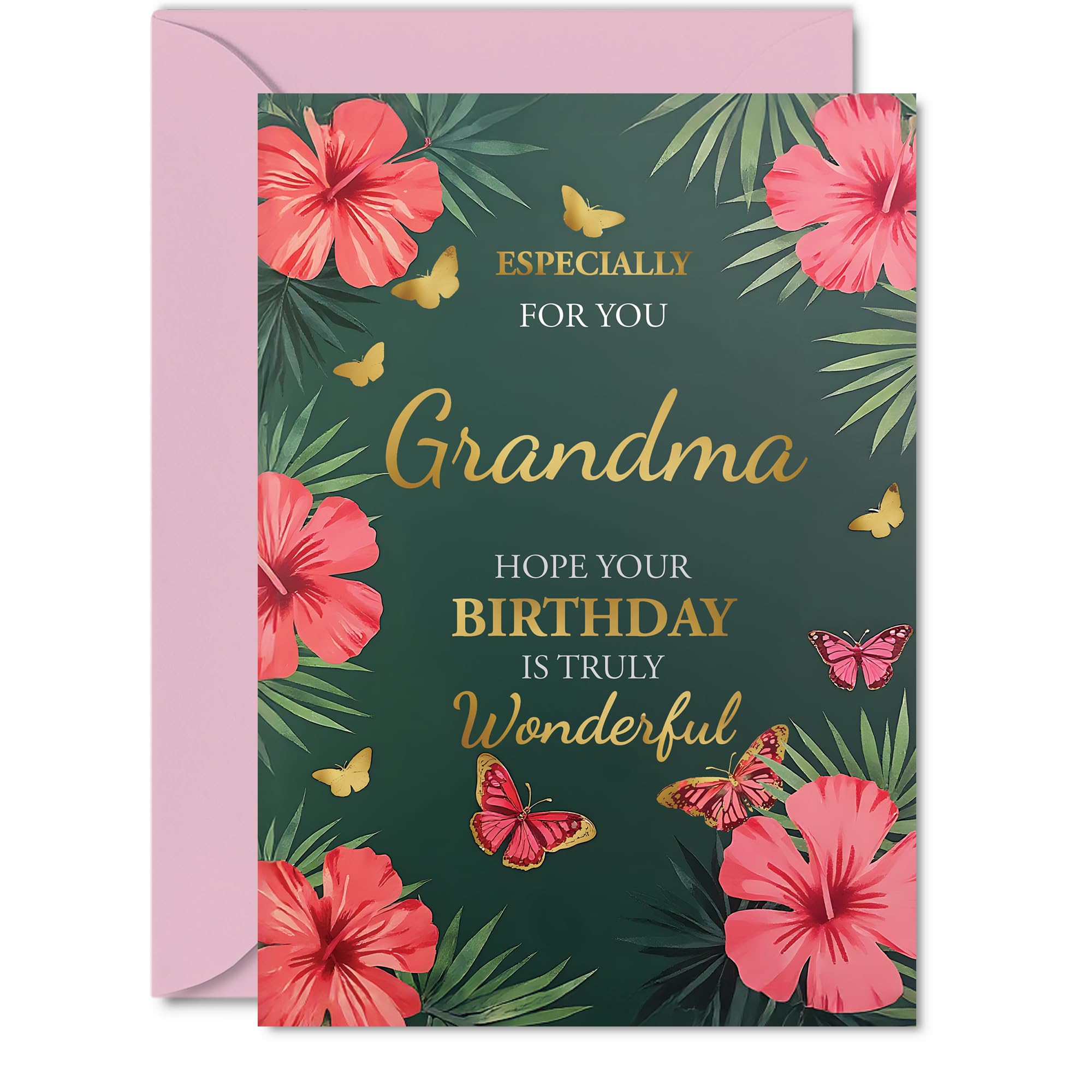 Gold Grandma Birthday Card - Butterflies & Flowers - Happy Birthday Card for Grandma from Grandson Granddaughter, A5 Golden Butterflies & Flowers Bday Greeting Cards