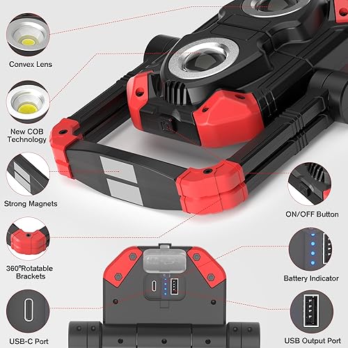Vista 5 de Luz de trabajo LED recargable, 2500 lm, 30 W, luces de trabajo magnéticas COB con cargador portátil de 4000 mAh y soporte giratorio de 360 °