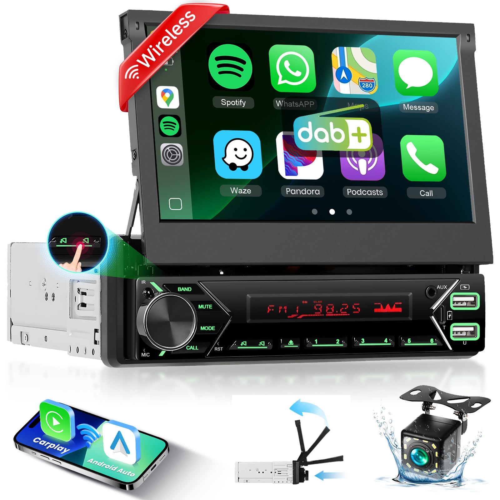 Radio de Coche Podofo Dab+ 1-DIN Bluetooth con CarPlay y Android Auto inalámbrico, con Pantalla táctil motorizada de 7 Pulgadas, Mirror Link FM USB Tipo-C AUX Micrófono Cámara de Marcha atrás