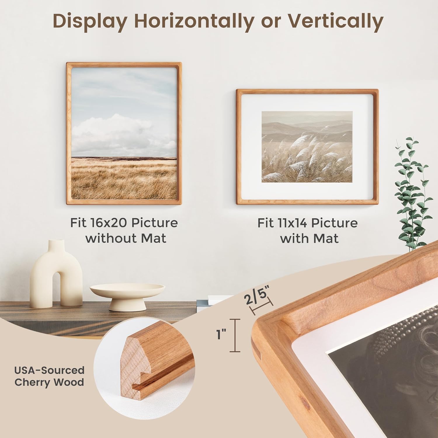 16 x 20 Picture Frame, USA-Sourced Cherry Wood Photo Frames with HD Tempered Glass, Handcrafted Rounded Corner 16x20 Wooden Frames Matted to 11x14 Photos, Horizontal or Vertical Wall Display USA-Sourced Cherry Wood 16x20-1P | HD Tempered Glass