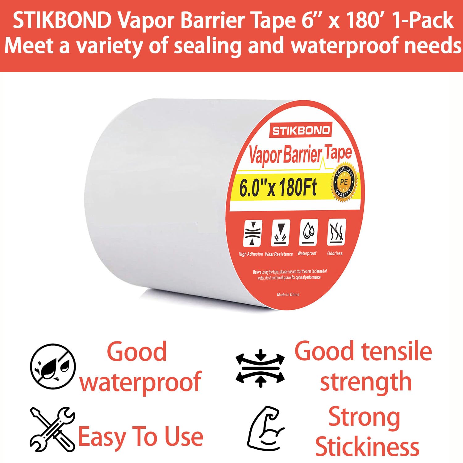 Vapor Barrier Tape 6 Inch x 180' x 4mil 1-Pack Moisture Barriers Seal Seam Tape, White Polyethylene Tape for Crawl Space,Waterproof, Underlayment,Metal and Plastic Sheeting