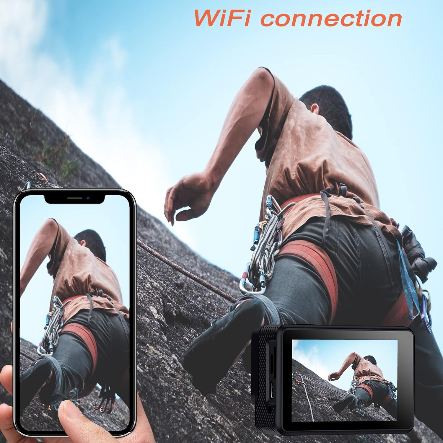Jadfezy 4K Sports Camera connected to a smartphone via Wi-Fi