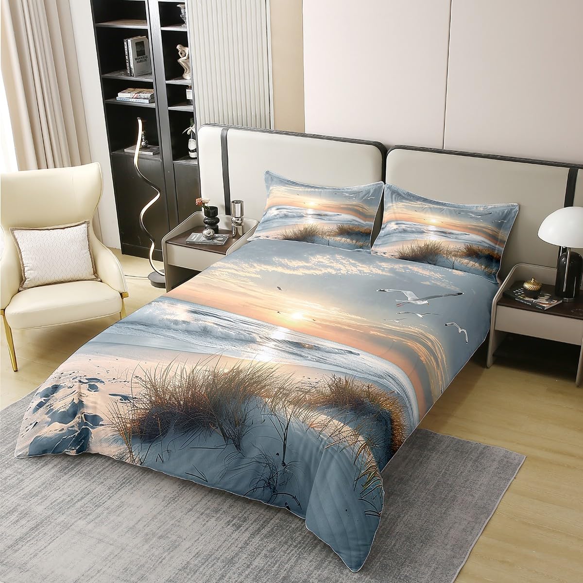 Homewish Ozean Baumwoll Bettwäsche Sonnenuntergang Deckenbezug 135x200 Möwen Wellen Strand Segeln Bettbezug Jugendliche Botanisch Bettset 2 Teilig
