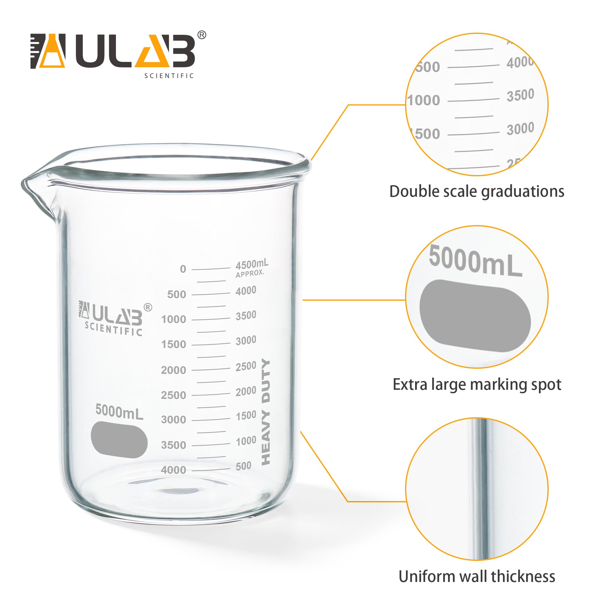 ULAB Bicchiere in vetro a bassa forma, Vol.5000ml, Vetro borosilicato 3.3, graduazione stampata, UBG1024