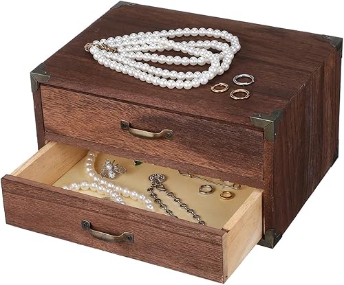 Kichvoe Organizador de escritorio de madera vintage con 2 cajones, armario organizador de escritorio de madera rústica para joyas, encimera de