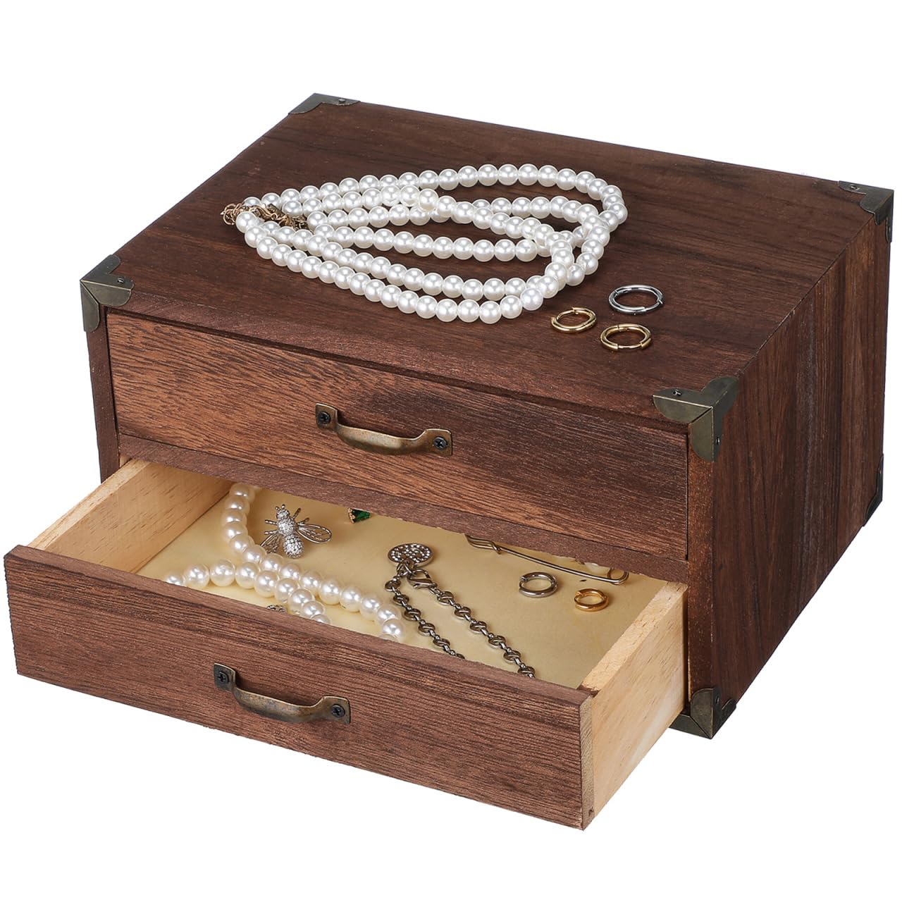 Kichvoe Wooden Drawers for Desk 2-Drawer Vintage Desktop Organizer Cabinet Small Rustic Wood Storage Box for Office Jewelry and Home 5.12X7.09X5.12