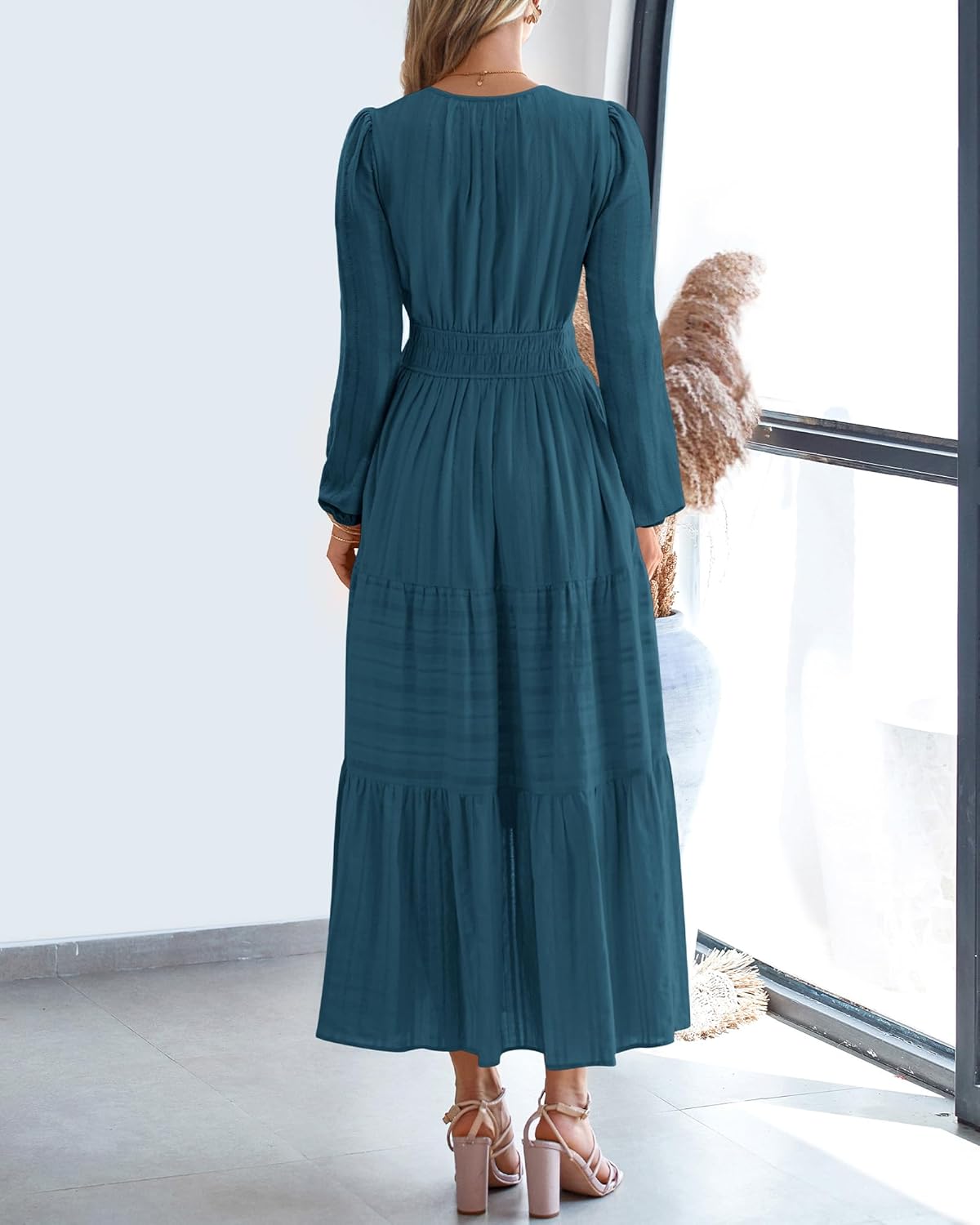 BTFBM Spring Dresses for Women 2026 Casual Long Sleeve V Neck Elastic Waist Lightweight Maxi Wedding Guest Dress Pockets - Image 3