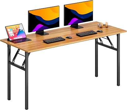 DlandHome Folding Computer Desk 62inches Large No Install Needed Folding Table Workstation for Home Office, Teak and Black Legs