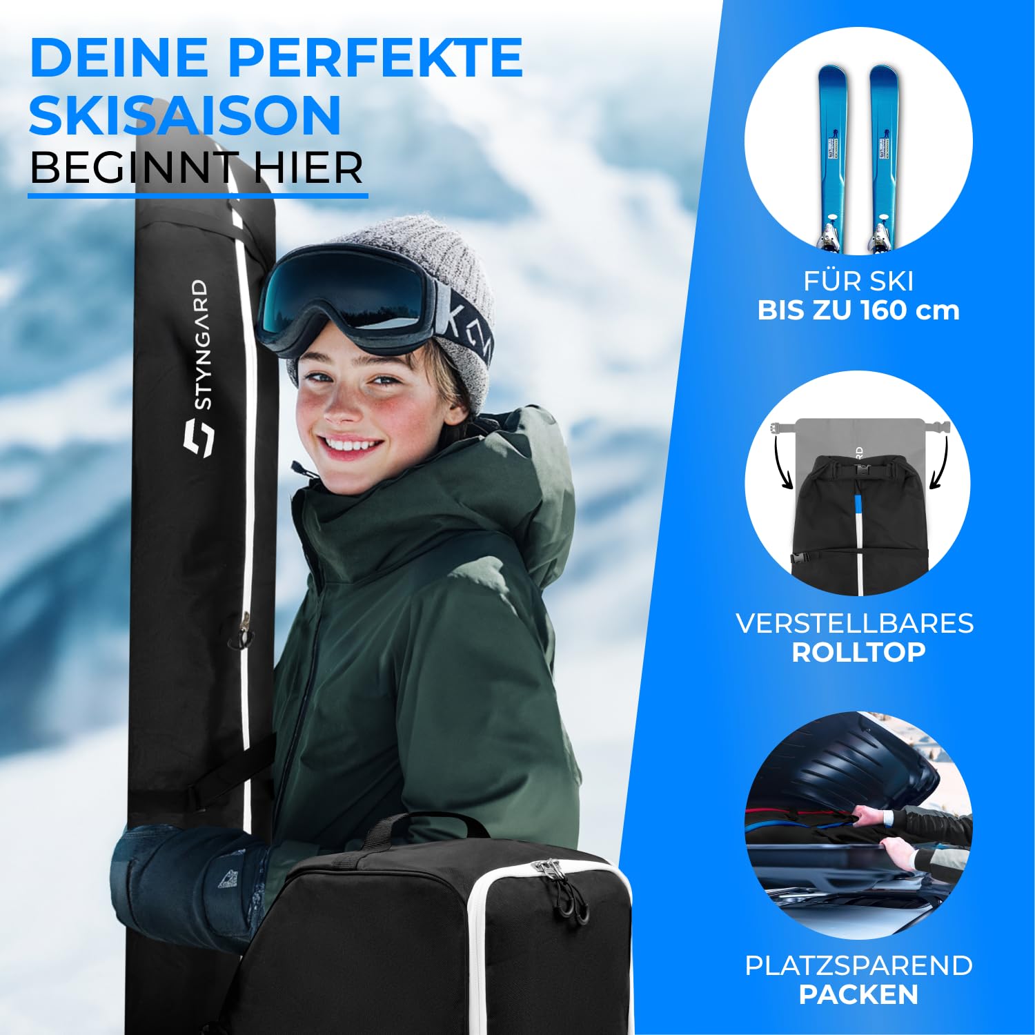 STYNGARD Set di borse da sci [120 cm fino a 160 cm] e borsa per scarponi da sci con scomparto per casco [40 L] – modello St. Moritz