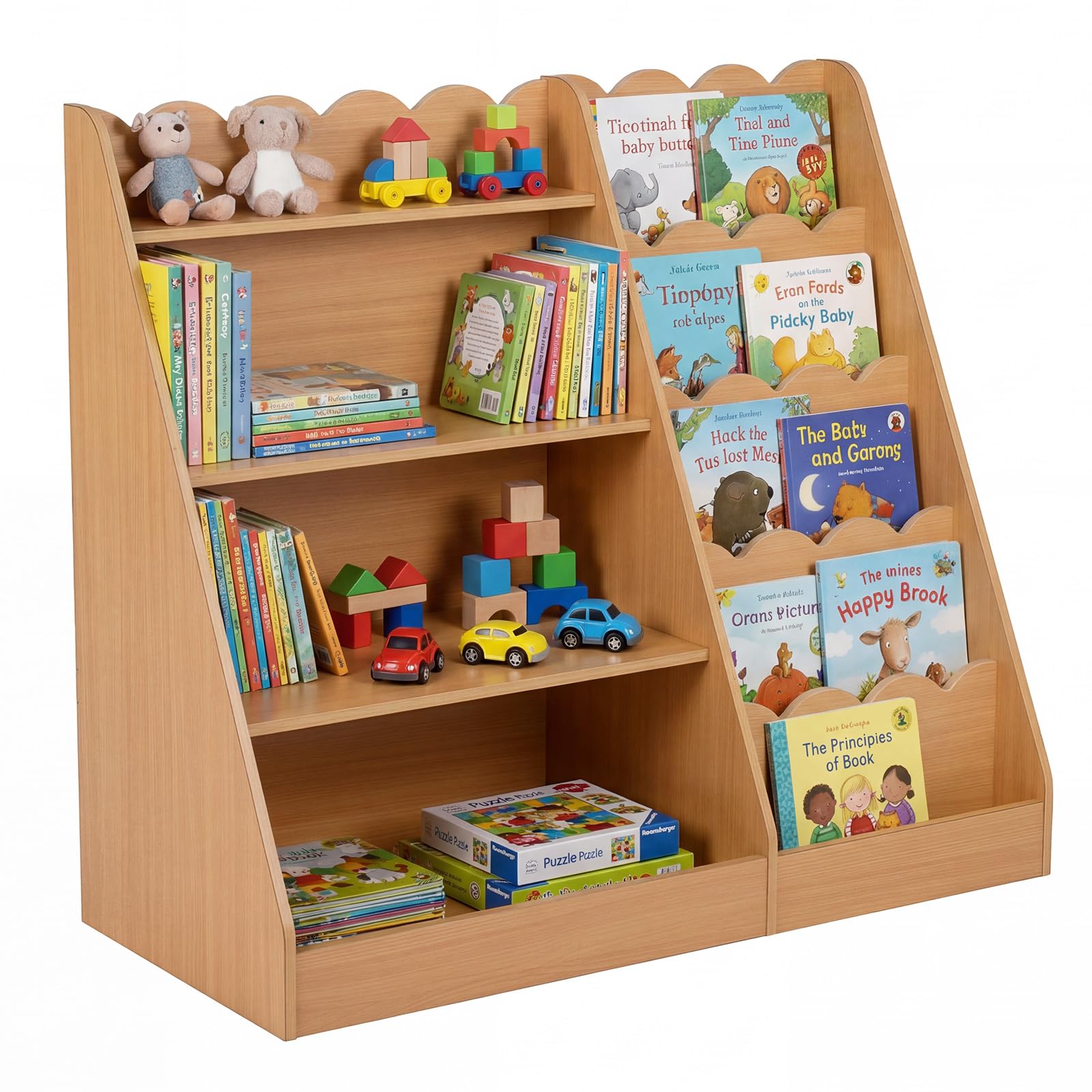 COSTWAY Bibliothèque Enfant Montessori avec 5 Niveaux Ondulés, 4 Étagères Ouvertes, Étagère à Livres en Bois avec Kits Anti-basculement, Meuble Rangement pour Chambre Salle de Jeux Crèche (Naturel)