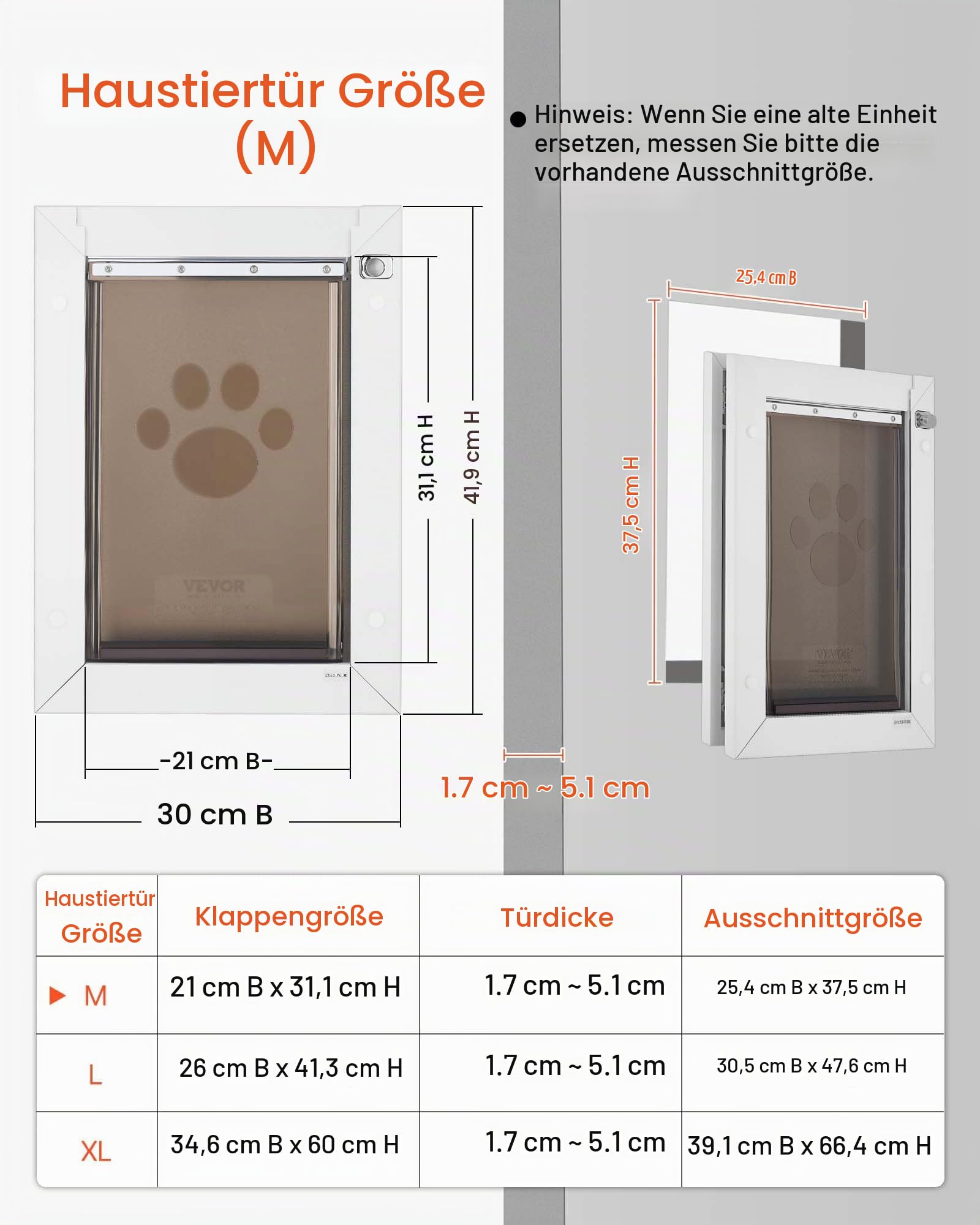 VEVOR Hundeklappe (Mittelgroß) mit Doppelmagnetklappen & Metallrahmen, Wetterfeste Katzenklappe für Innen- und Außentüren, Katzentür Hundetür Haustierklappe Weiß 20,96 x 31,12 cm (Breite x Höhe)