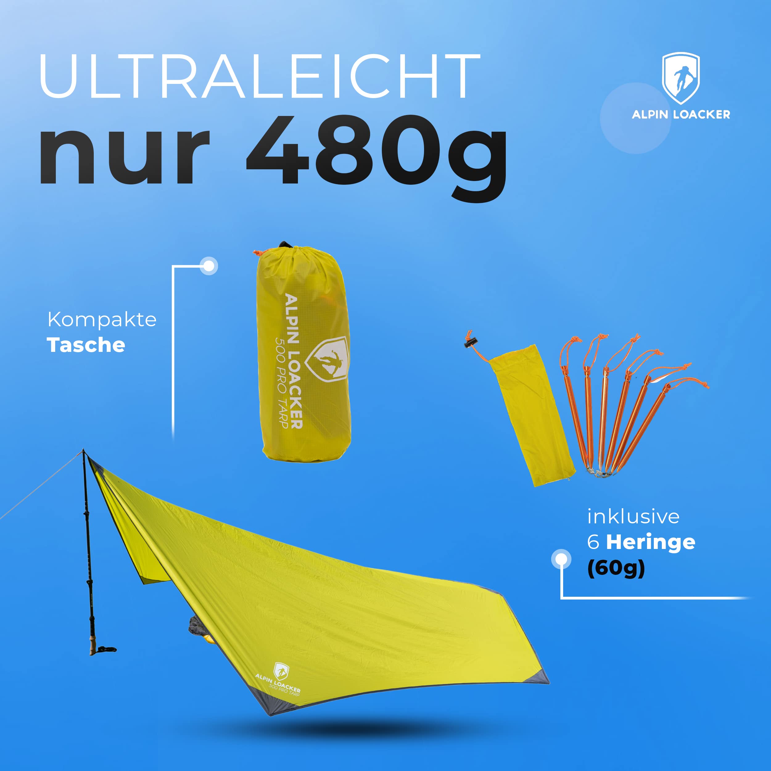ALPIN LOACKER Wingtarp 500 – The Ultra Light Waterproof Tarpaulin as Sun Shade Sail, Rain Cover or Tent Tarpaulin for Camping and Outdoor, Only 480 g Everything Else