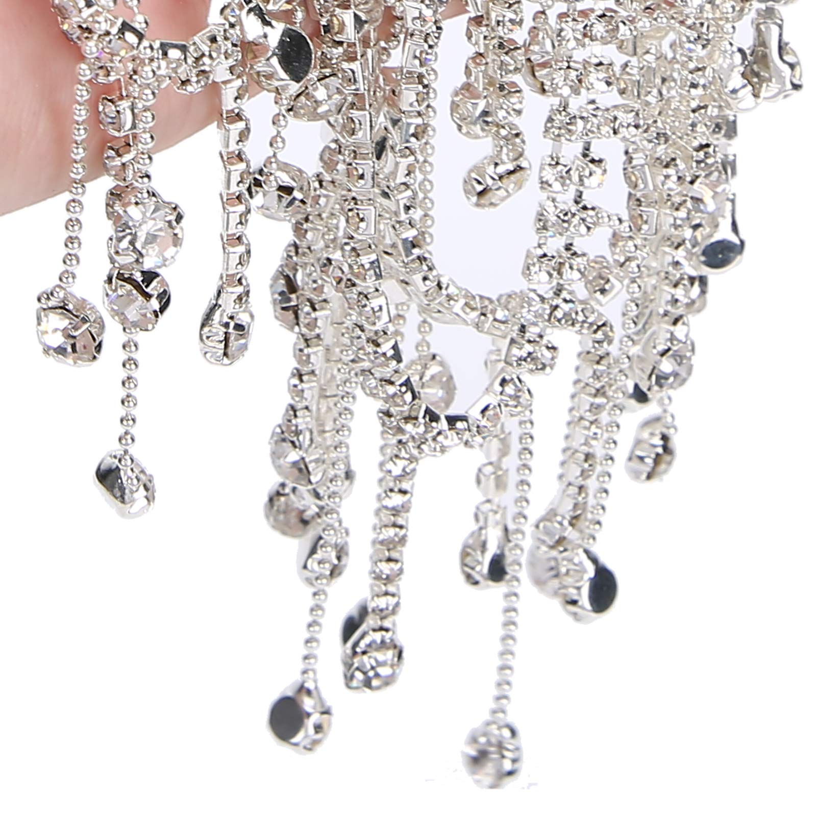 Catena a Nastro con, Catena con Nappe e Frange con, Applique da Sposa, Catena con Finiture in vetro e Diamanti, Tagliabile per Artigianato di Cucito, Festa di Nozze, (Argento)