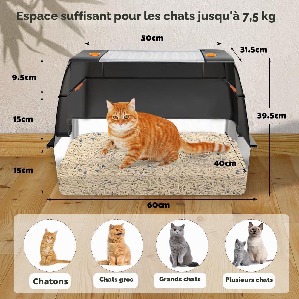 Vivifying Litière pour Chat en Acier Inoxydable avec Couvercle, Taille XL, Facile à Nettoyer et résistante aux odeurs, en Acier Inoxydable, avec pédales, Pelle et Tapis(Noir)