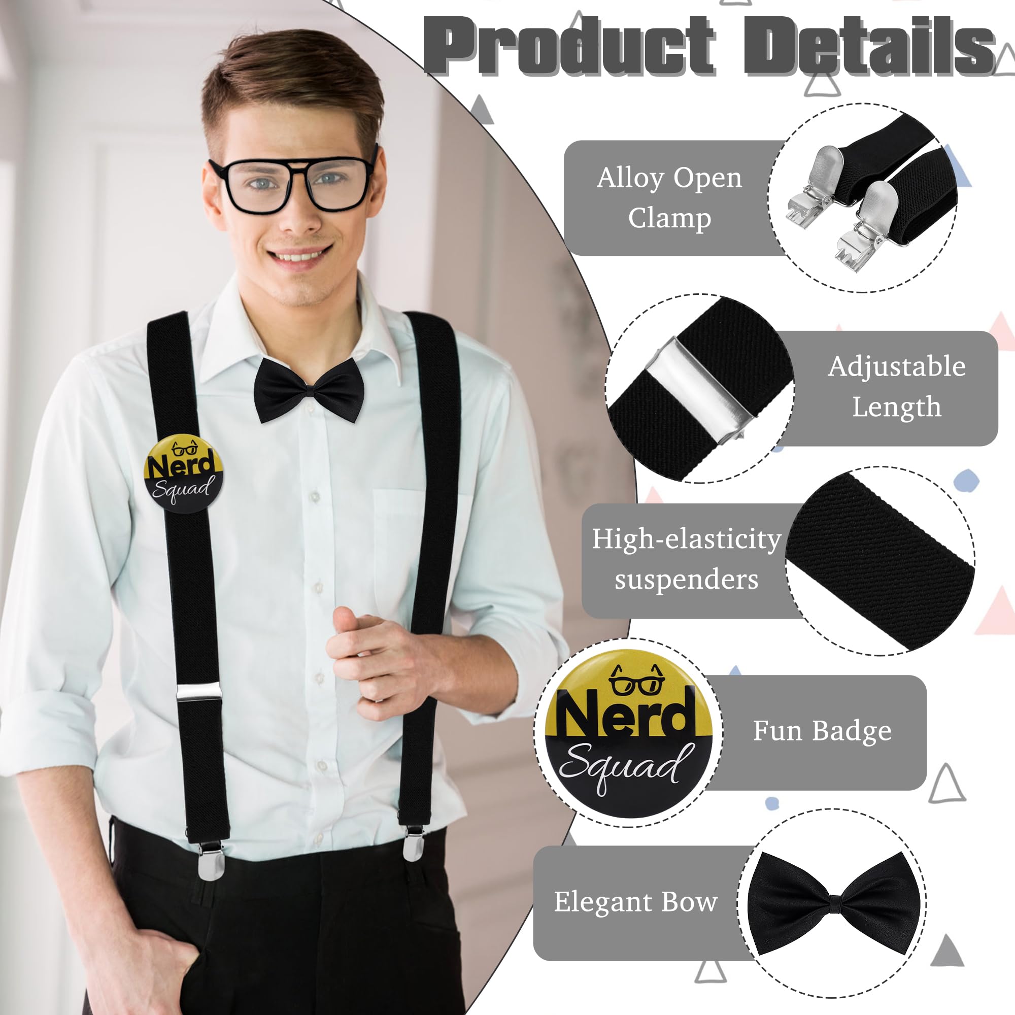 Yezmo 4 PCS Nerd Costume Accessories, Nerd Costume Set including Black Suspenders Bow Tie Glasses Badge for Men Women for Cosplay - Image 3