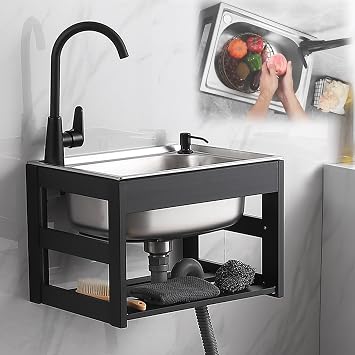 Wall Sink, Large Capacity Freestanding Sink, Sink Stainless Steel Commercial Use, Black Simple Sink, Height Adjustable, Scratch-Resistant, Garden Sink with Faucet, Outdoor Sink for Home Use, Outdoor Kitchen Sink, Single Sink