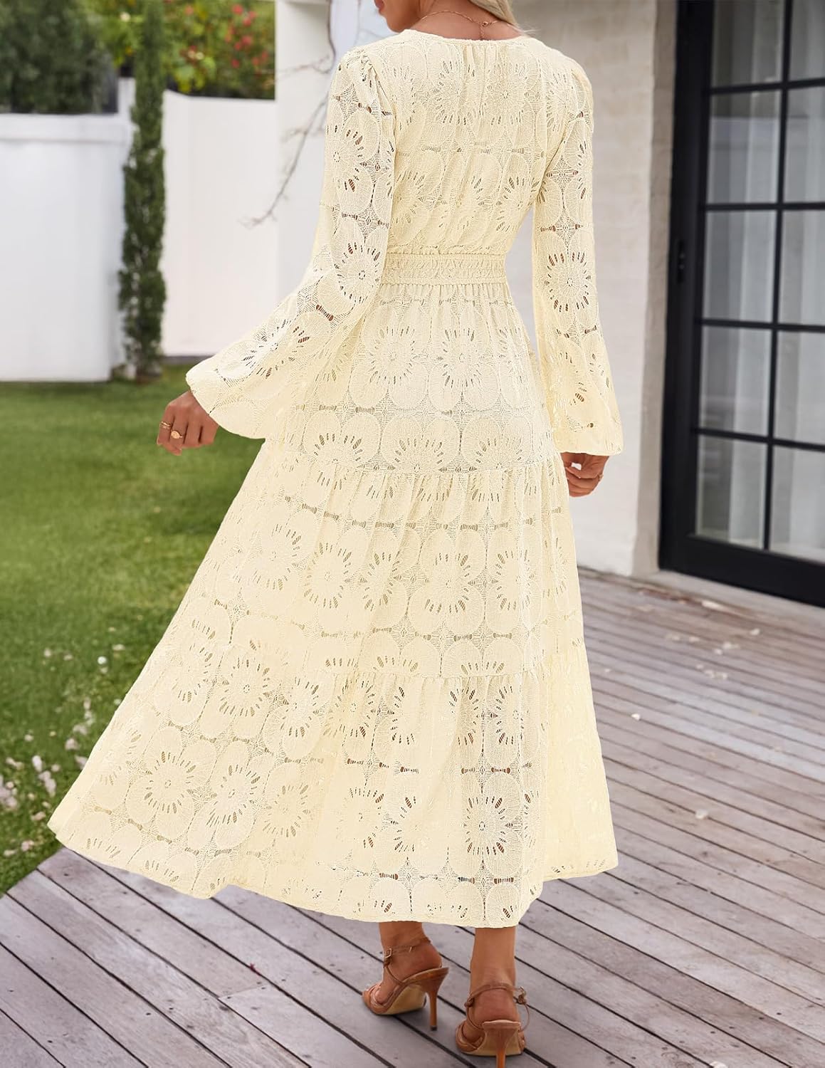 MEROKEETY Women's Fall Long Sleeve Floral Maxi Dress Lace Eyelet Hollow Out Tiered Boho Wedding Guest Dresses Pockets - Image 4