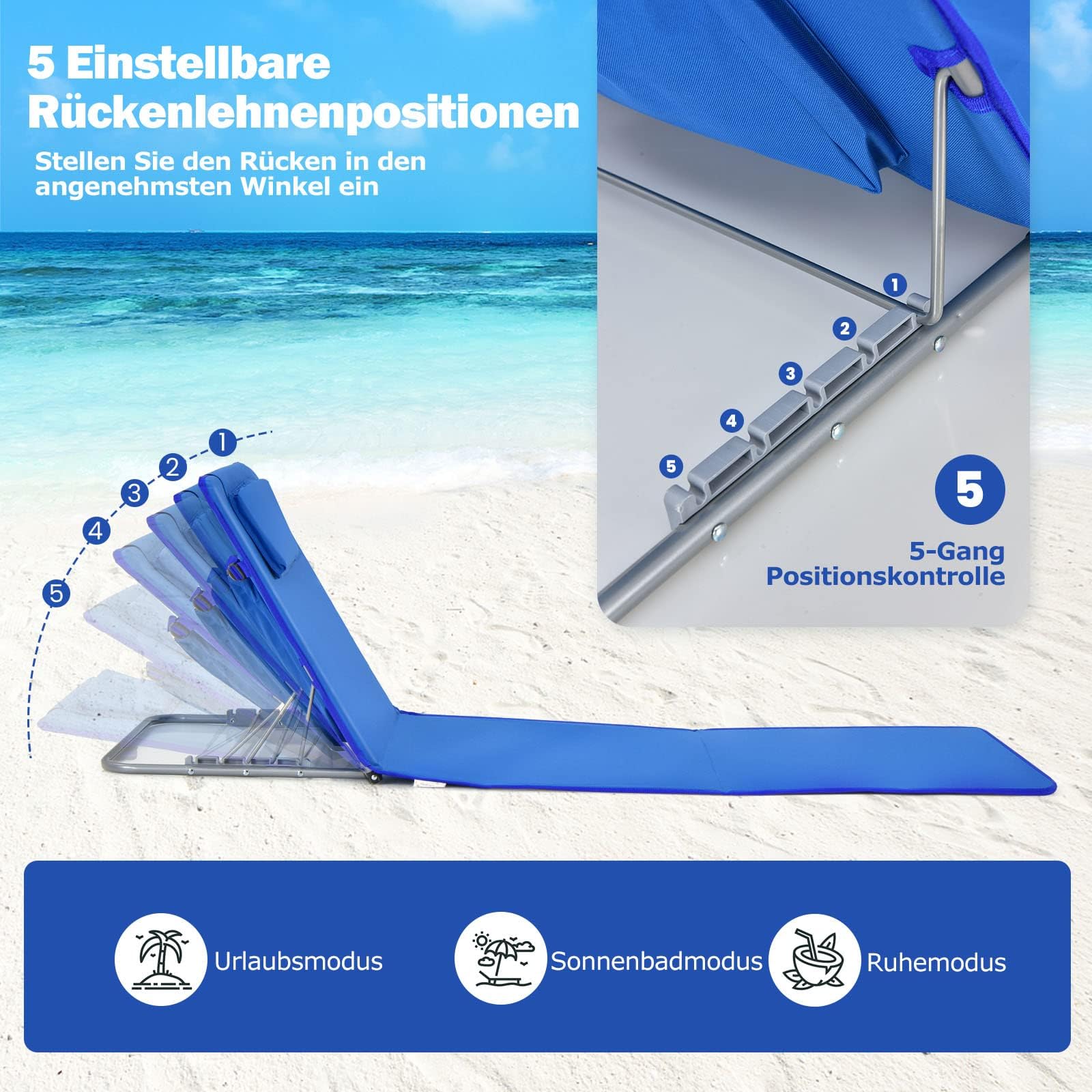 FANTASK 2er Set Strandmatte mit Beistelltisch, Kopfkissen & Staufach, Liegematte mit Verstellbarer Rückenlehne, Strandliege für den Strand (Blau)