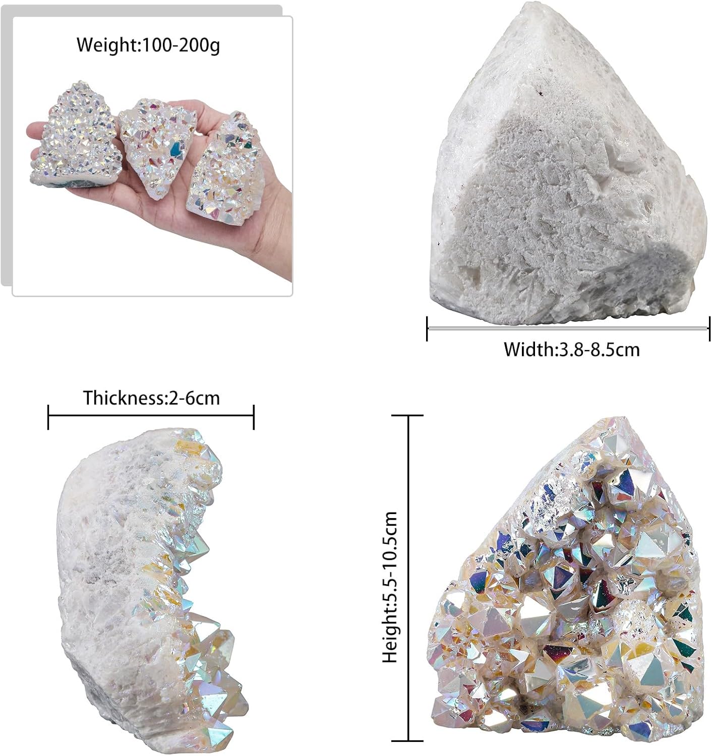 Irregularly White AB Titanium Coated Rock Quartz Cluster Mineral Specimen, Reiki Healing Rock Crystal Geode for Stone Collection and Home Decor, White