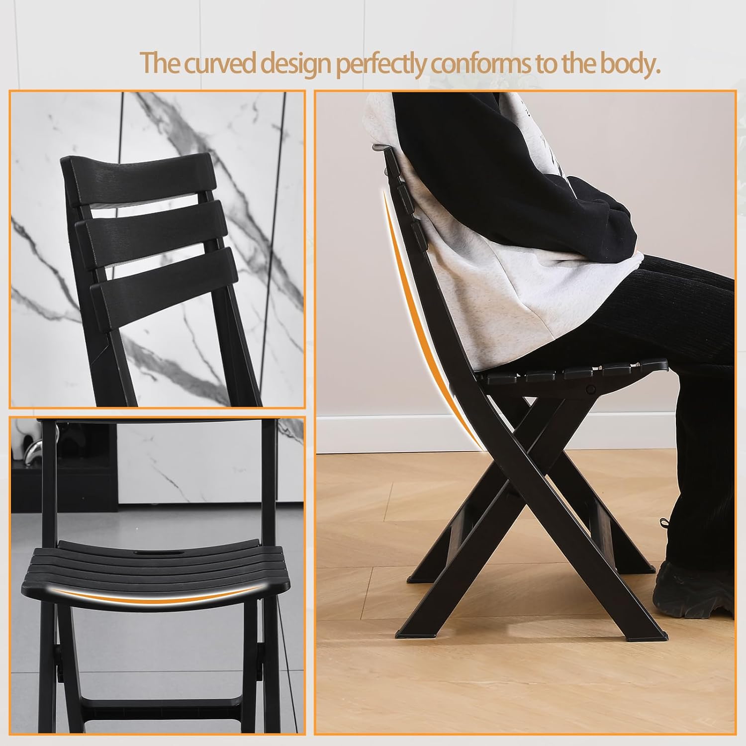 BOOSDEN Folding Plastic Chairs 4 Pack, Foldable Patio Stackable Chairs with Backrest for Outdoor Indoor Dining Party Wedding Event Black