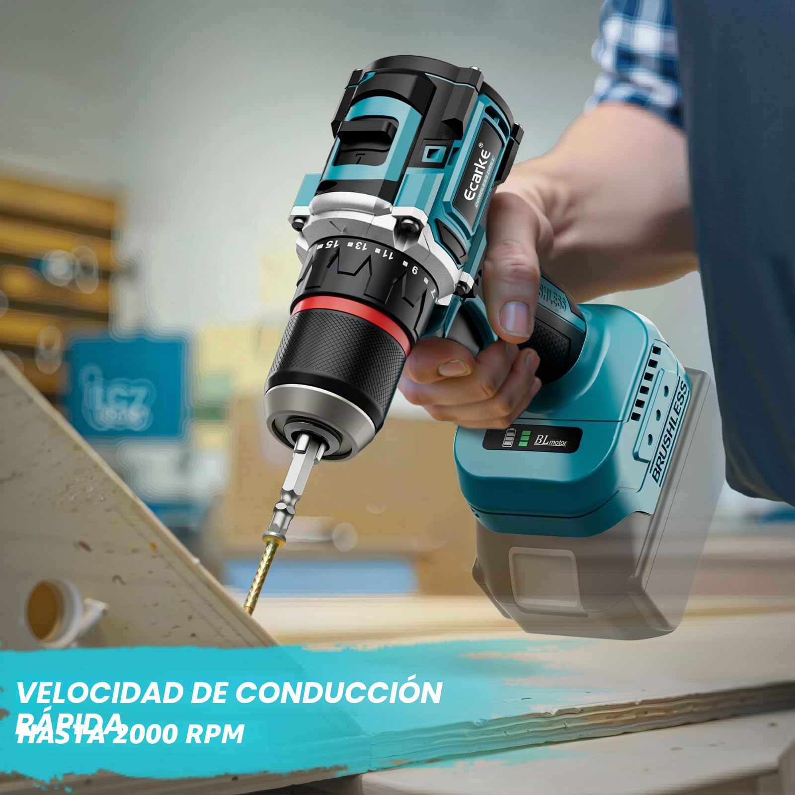 Ecarke 50Nm Destornillador Electrico, Compatible con Baterías Makita 18V, Taladro Atornillador Compacto con Caja de Cambios 2 Velocidades, Velocidad Variable de 500 a 2000 rpm(Solo Productos)-Azul