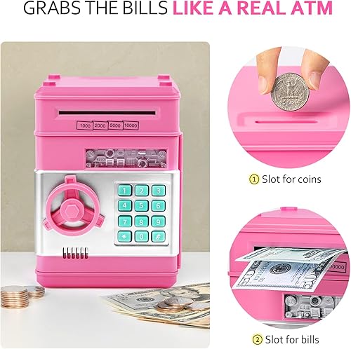 Miniatura 6 de Vcertcpl - Alcancía de cajero automático para niños y niñas, mini cajero automático caja de ahorro de dinero con contraseña, tarro de dinero seguro