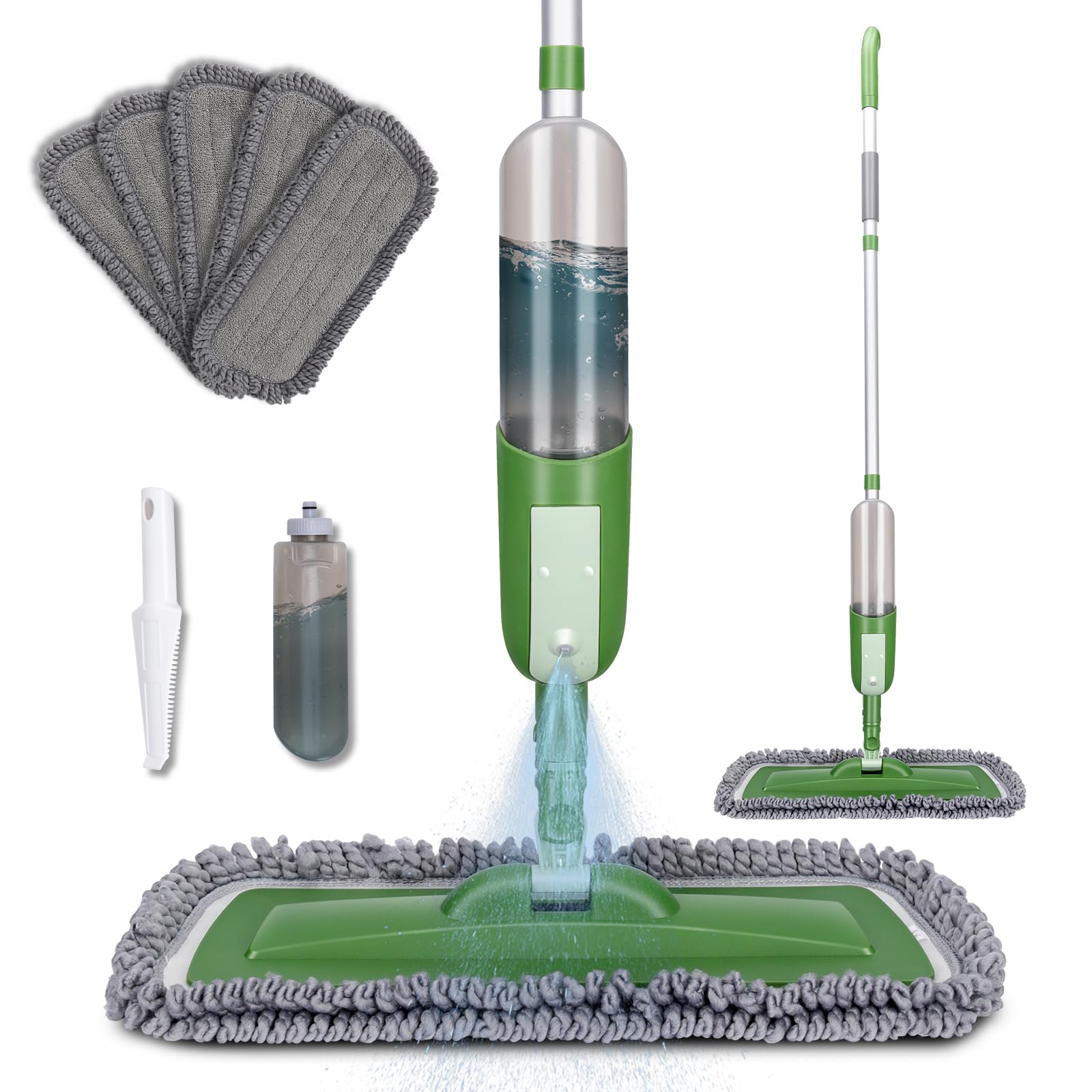 OZDSpray Mops for Floors, Microfibre Floor Mop with Spray, 550ML Refillable Bottles, Wet & Dry Flat Mops for Cleaning Laminate Floors Hard Wood Tiles Kitchen - 5 Washable Pads (Green)