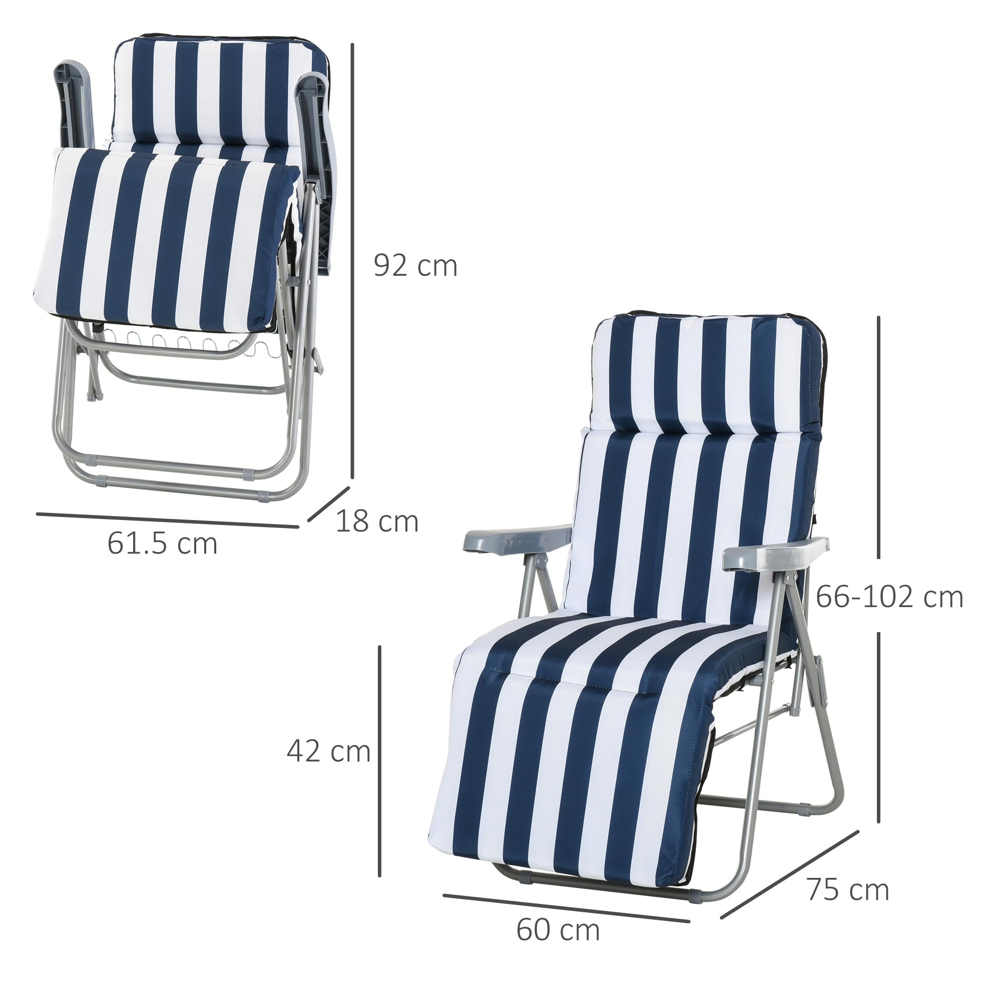 Outsunny Sedia Sdraio per Esterni da 2 Pezzi Pieghevole e Reclinabile, Lettino Prendisole con Cuscino Imbottito, Blu e Bianco
