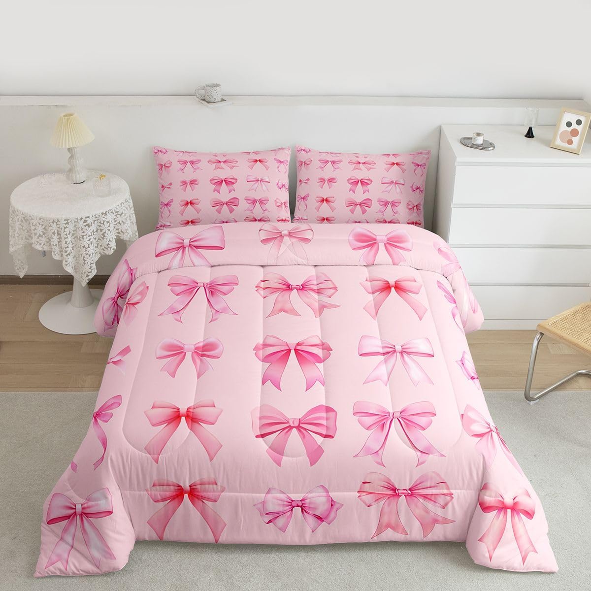 Feelyou Pink Bowknot Comforter Set Twin Size Cute Bow Bedding Set for Kids Boys Girls Kawaii Dreamy Princess Duvet Quilt Bedroom Decor Microfiber 2 Pcs with 1 Pillow Cases