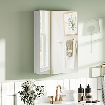 Bathroom Wall-Mounted Mirror Cabinet White, Small Single Mirrored Door Storage Cupboard, Adjustable Height Shelves Storage Unit 40 x 60 x 15 cm