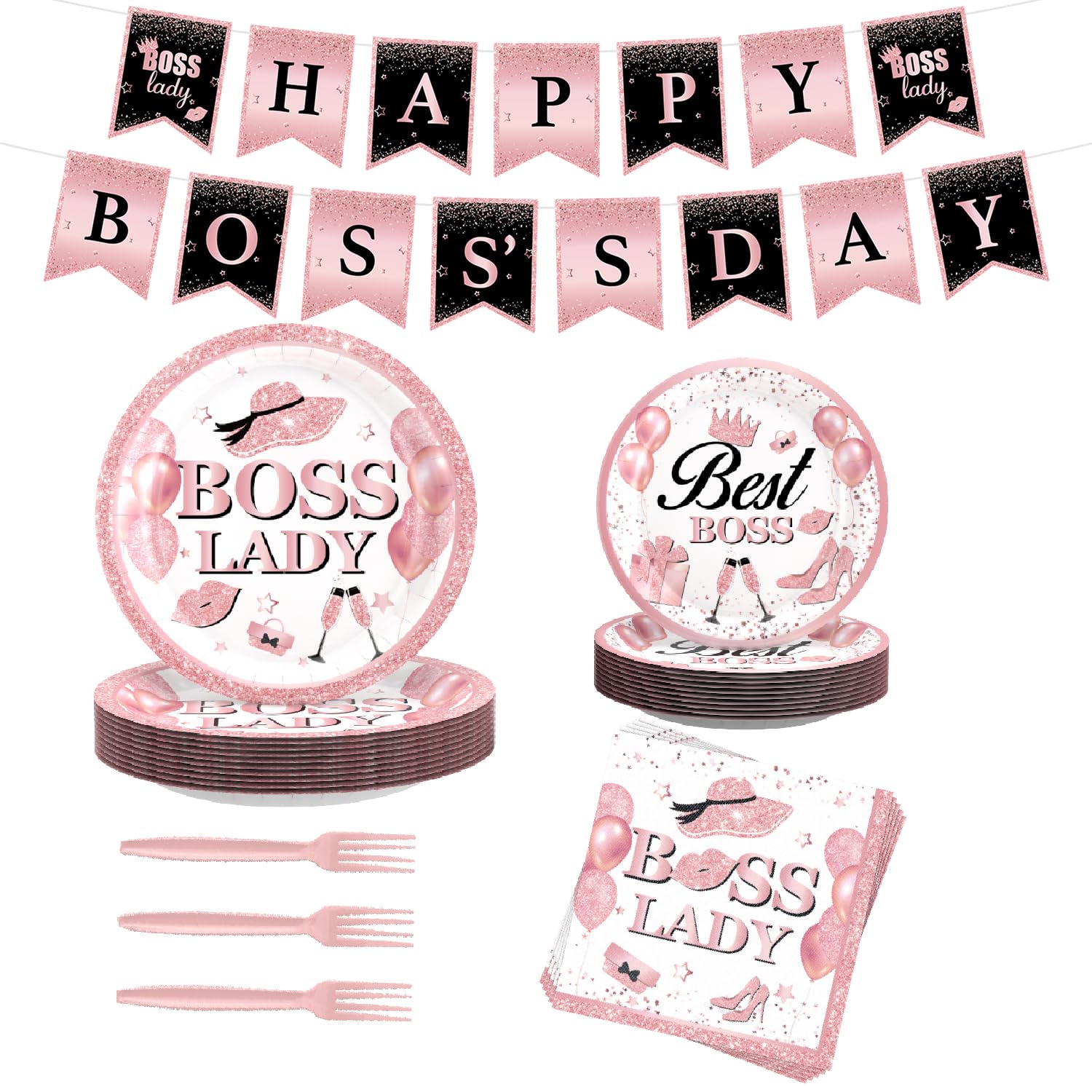 81Pcs Boss Day Party Tableware Set Include 7 Inch and 9 Inch Boss Lady Paper Plates, Napkins and Forks for Women Bosses Day Decorations Galentines Day Party Supplies 20 Guests (Black and Pink)
