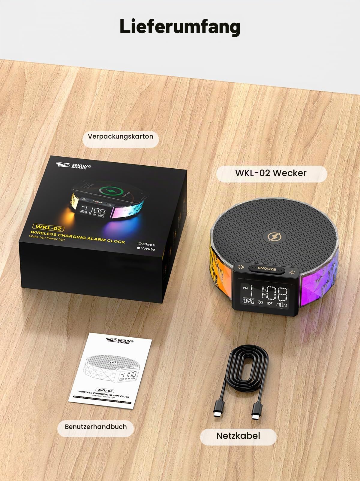 Smiling Shark Lichtwecker, WKL-02 Nachttischlampe Wecker Kabelloser Ladestation mit Touch Steuerung 3 Stufen und RGB-Modus LCD-Display Ladegerät Wecker Licht Nachttischlampen für Schlafzimmer Zuhause