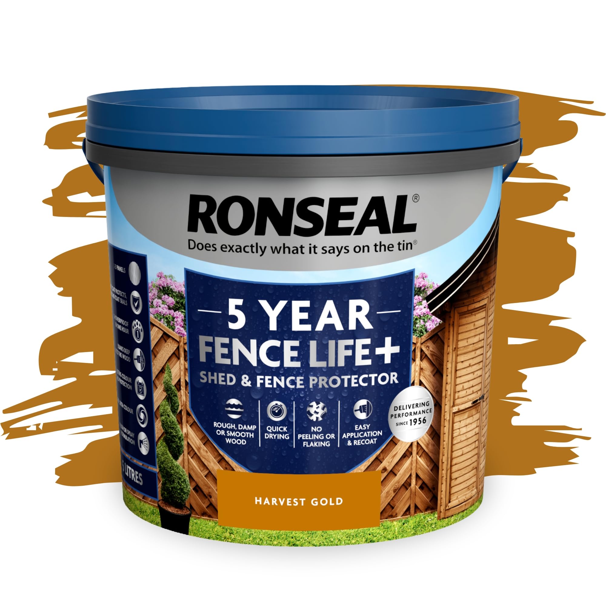 SAVING HUB Fence Paint 5L - Garden Shed Paint, Furniture Paints - Outdoor Exterior Wood Treatment - Used On Rough Swan & Smooth Planed Wood - Sheds & Fences Life Plus - Dry in 4 Hours (Harvest Gold)