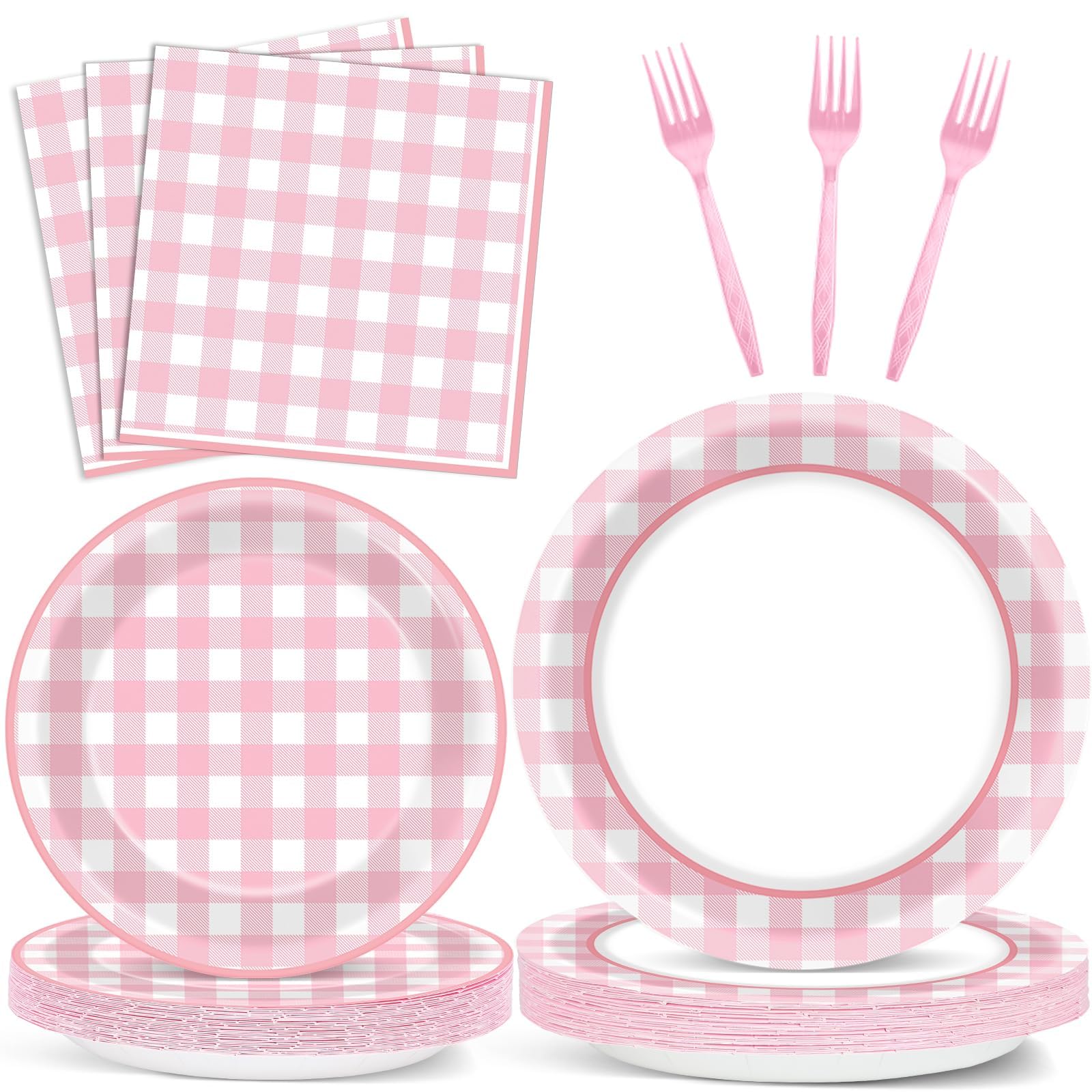 200 PCS Pink Checkered Tableware Disposable Pink And White Checkered Party Supplies Dinnerware Set Plaid Plates Outdoor Supplies Girls Barbecue Picnic