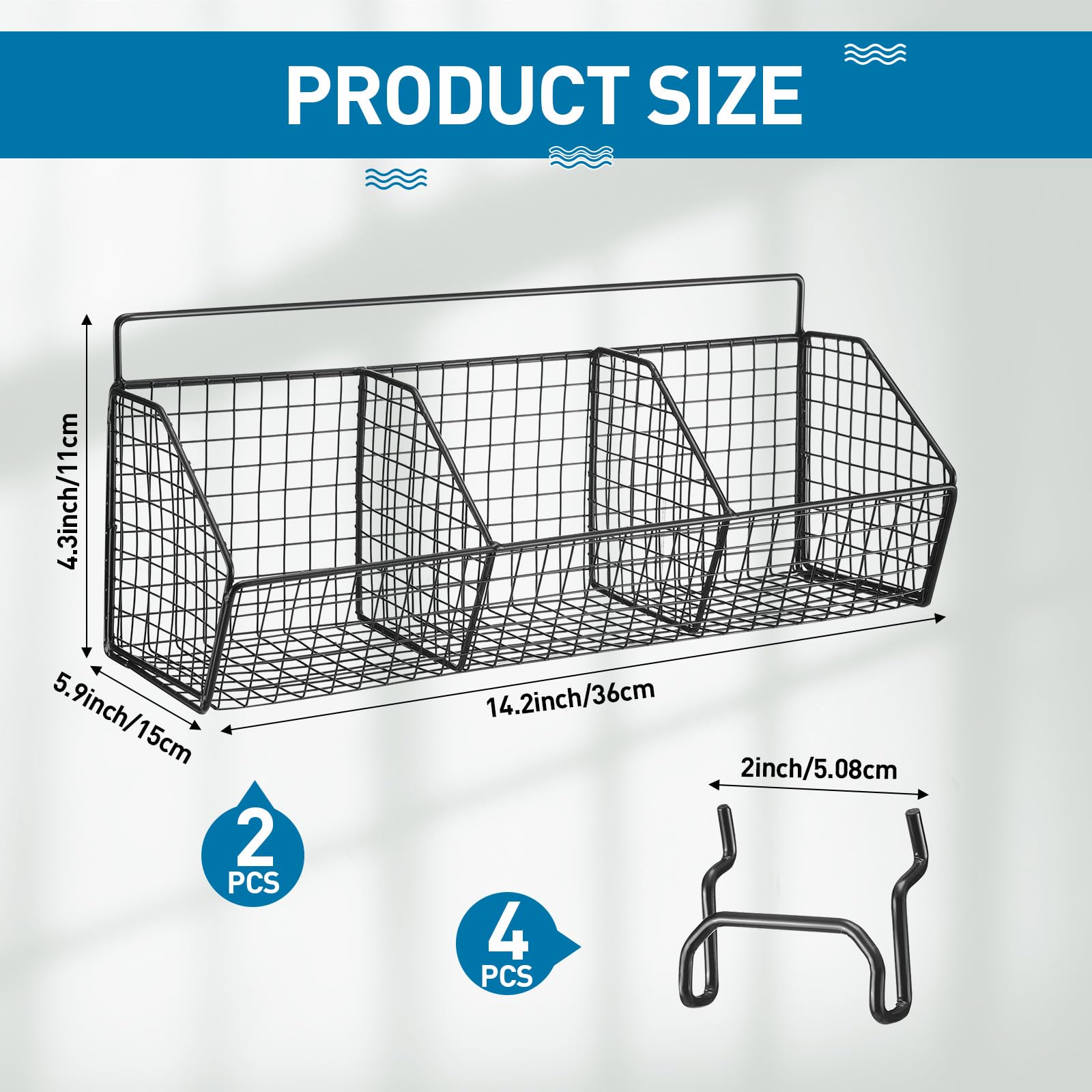 Suzile 2 Pcs Divided Pegboard Baskets Set Metal Garage Storage with 4 Pegboard Hooks Wall Mount Organizer for Workbench Bathroom Accessory Storage, 3 Grid(Black)