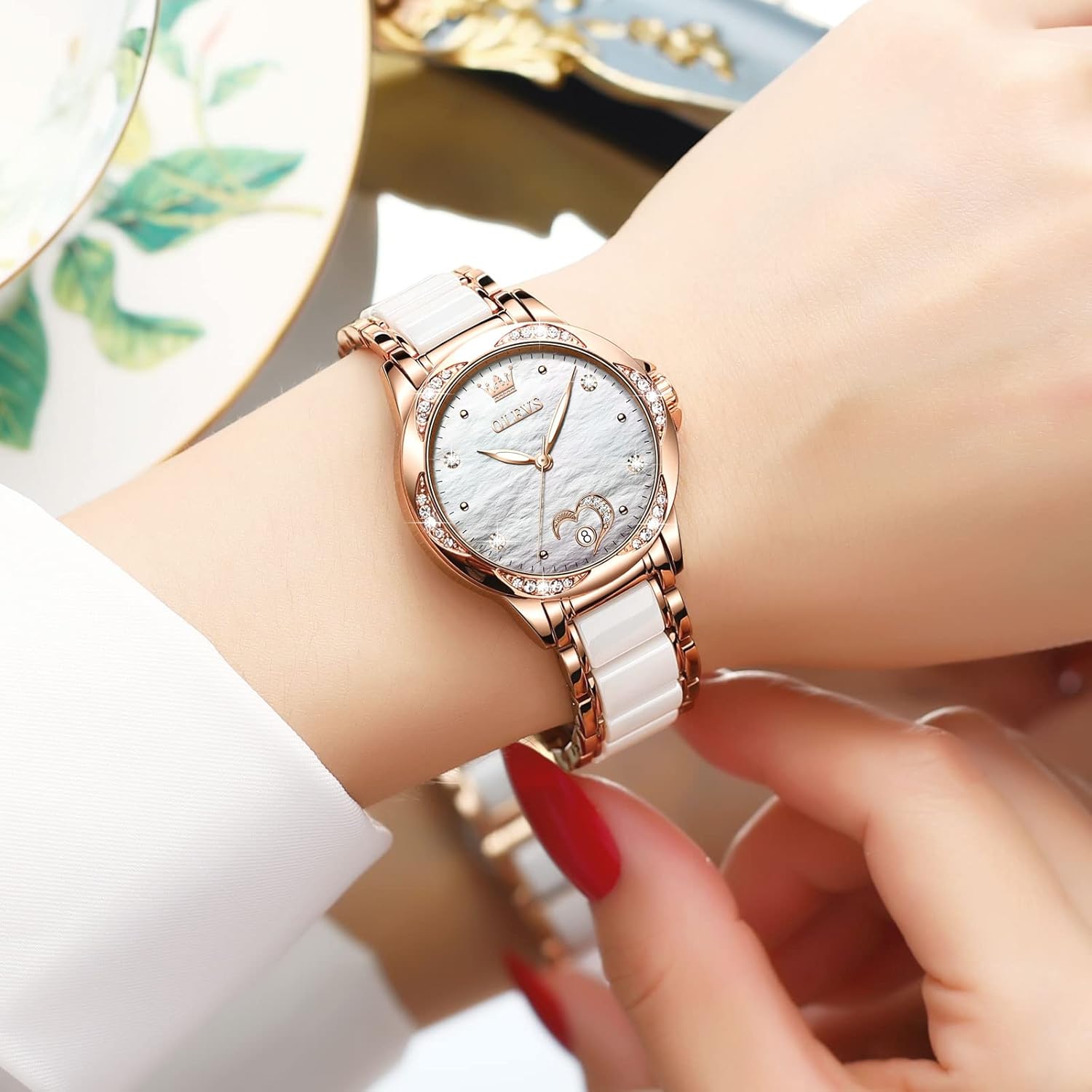OLEVS Womens Watches Automatic Self Winding Elegant Ceramic Rose Gold Dress Waterproof Luminous Watches for Women Small Wrist - Heart or Butterfly - Image 3