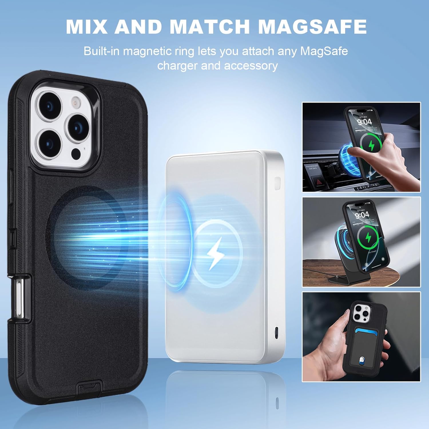 for Defender iPhone 16 Pro Max Case with Belt Clip Holster, [Compatible with MagSafe] 3-Layer Heavy Duty Military Grade Drop Protection, Rugged Cover for iPhone 16 Pro Max Protective Case (Black)