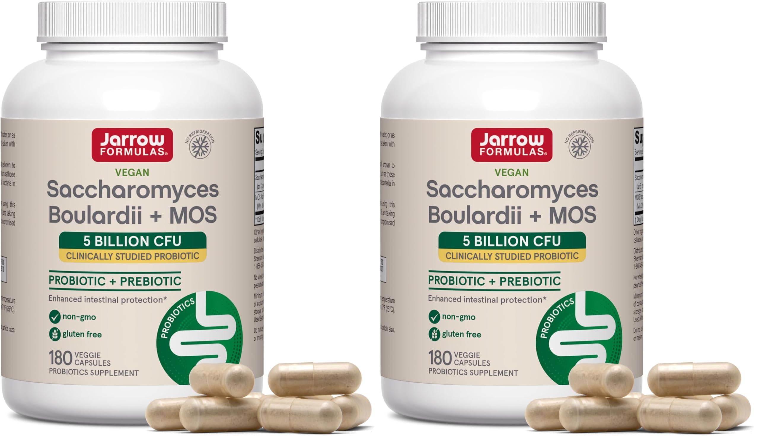 Jarrow Formulas Saccharomyces Boulardii+MOS Probiotics for Digestive Health & Intestinal Tract Support-5 Billion CFU Per Serving-180 Delayed Release Caps - Probiotic+Prebiotic-180 Servings,(Pack of 2) Unflavored 180 Count (Pack of 2)
