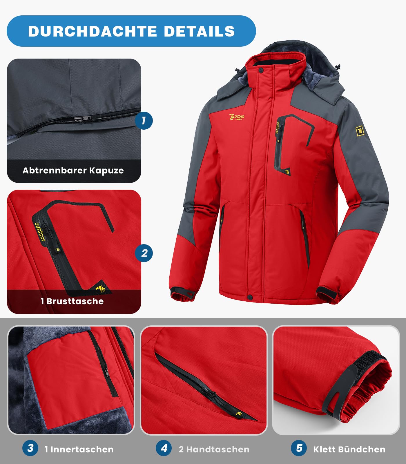 Rdruko Skijacke Herren Warme Winterjacke Gefüttert Verdickt Softshelljacke Wasserdicht Snowboardjacke Atmungsaktiv Funktionsjacke mit Abtrennbarer Kapuze