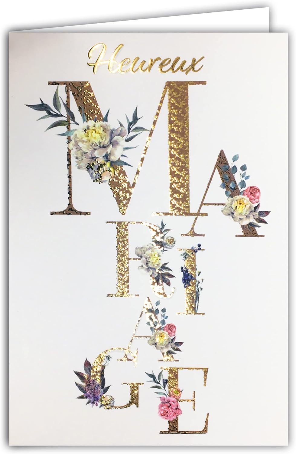 63-1151 Happy Wedding Congratulations Card in Shiny Gold with Envelope Included - Made in France - Bohemian Chic Dried Flowers Eucalyptus Roses Peony