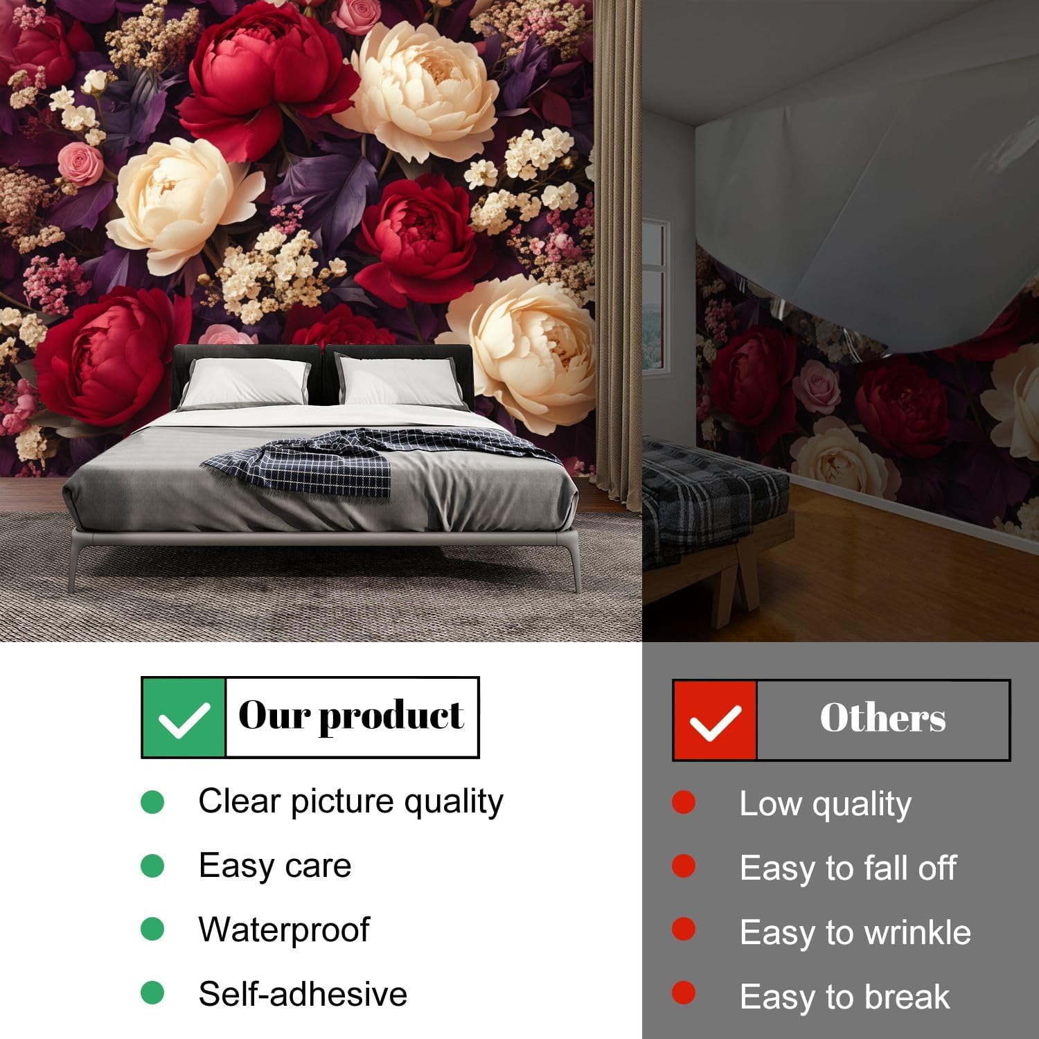 Peel and Stick Wallpaper 100'' x 144'' Self-Adhesive Wall Mural Romantic Peony Floral Rich Reds Soft Creams Large Wall Sticker, Removable Decor for Bedroom Living Room, Office