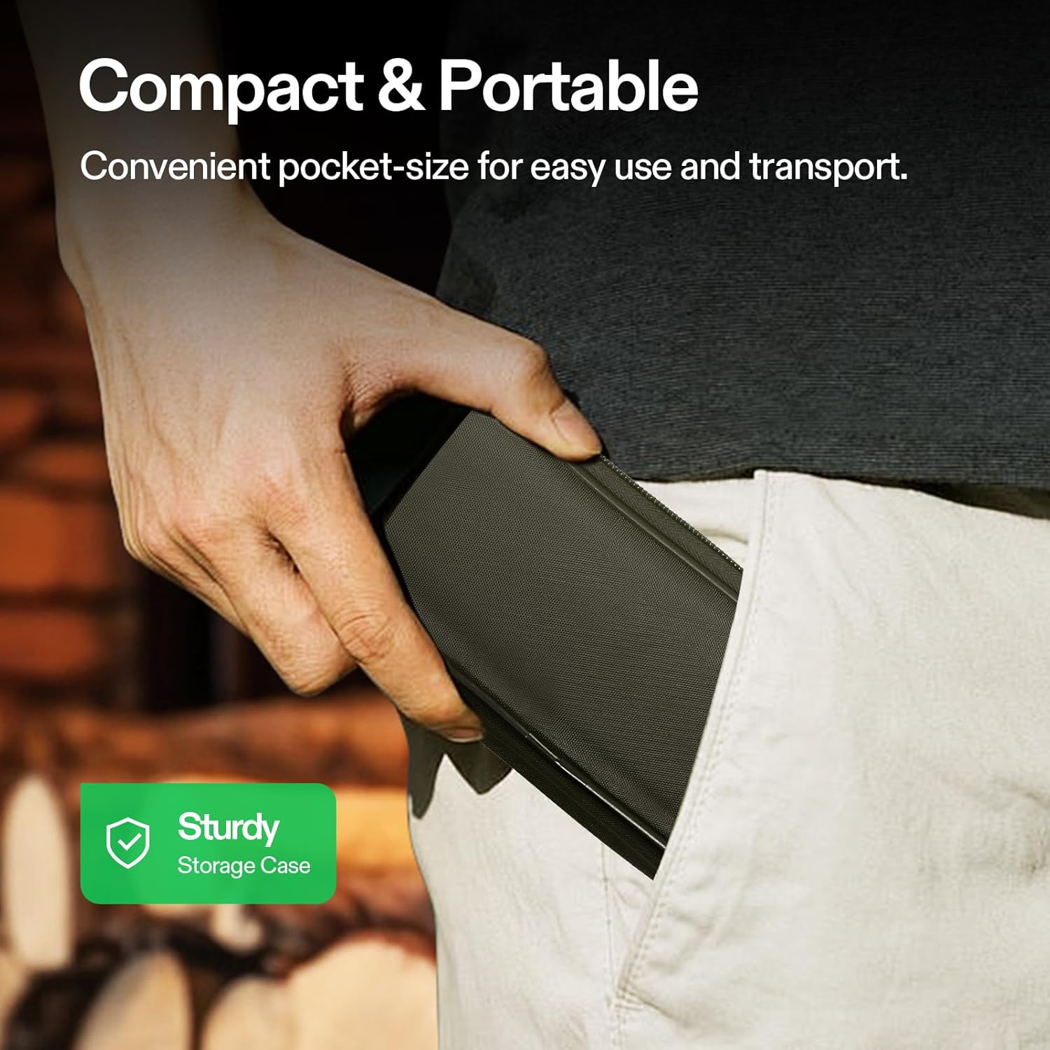 Hand placing VIVOSUN Wood Moisture Meter into a pocket, showing its compact size and included storage case