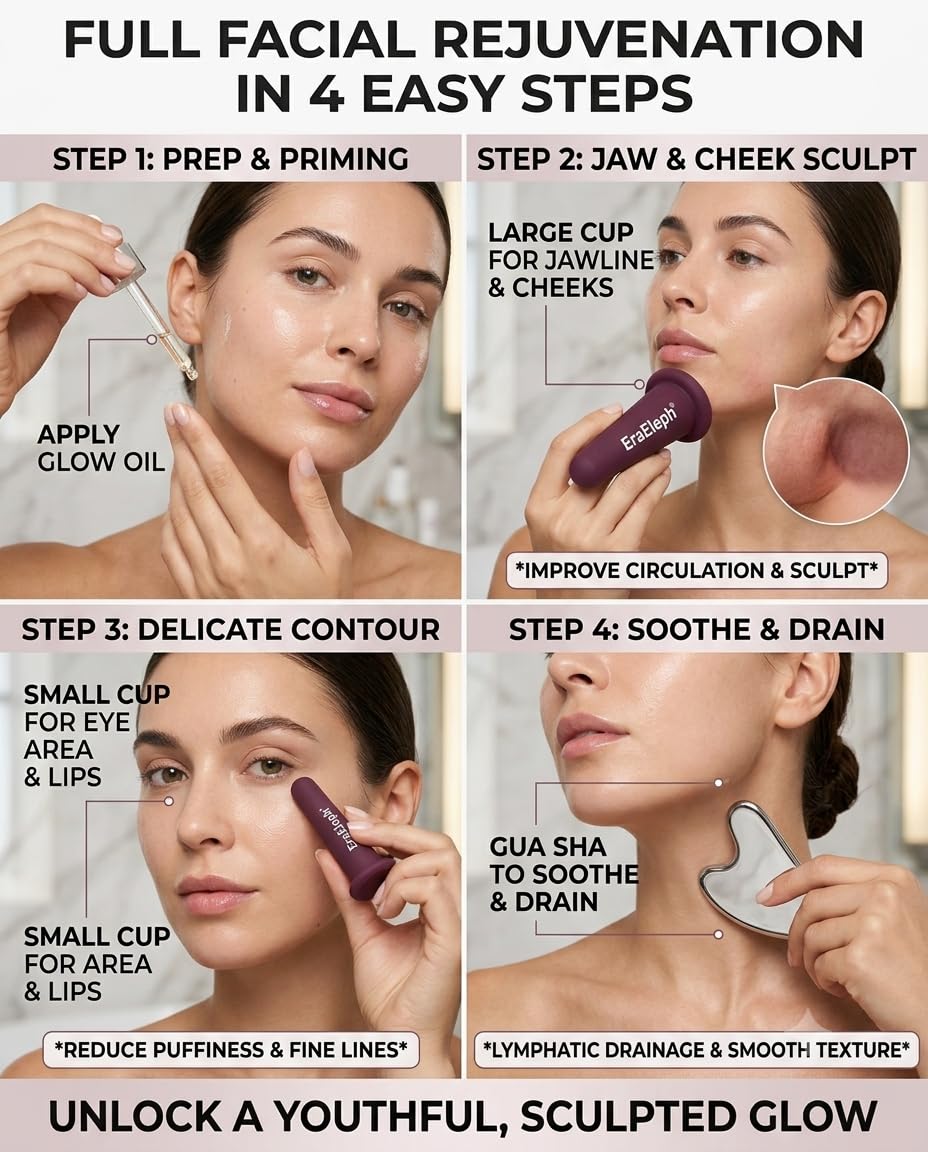 Facial Cupping Set with Stainless Steel Gua Sha Tool, Purple, 3 Piece
