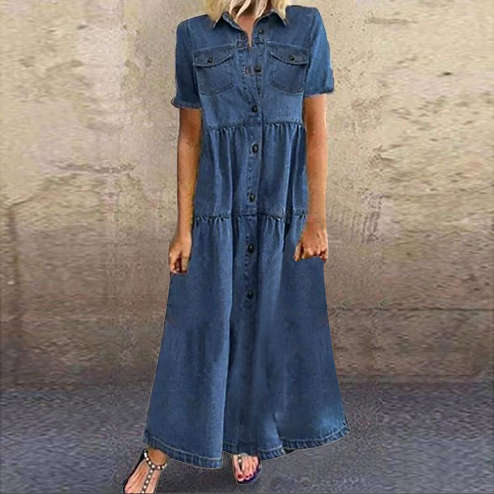 Abito in Jeans con bottoni, a maniche corte, da donna, elegante, elegante, sciolto, casual, abito lungo blu con tasche sexy a schiena scoperta, sottile, di grandi dimensioni, a buon mercato,